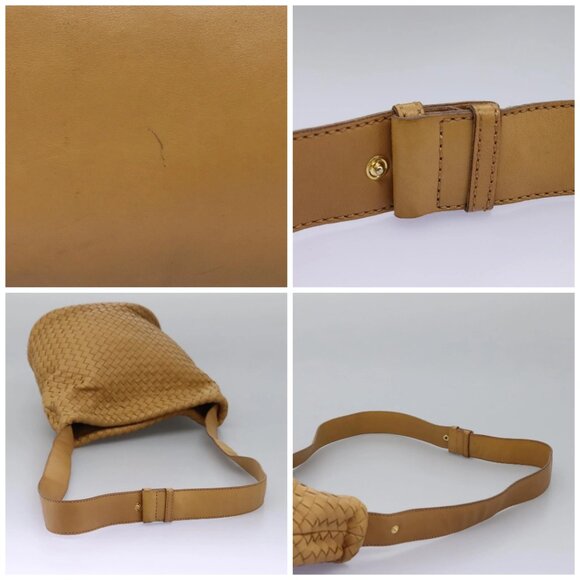 BOTTEGA VENETA INTRECCIATO Shoulder Bag Leather Beige Gold Auth 124293